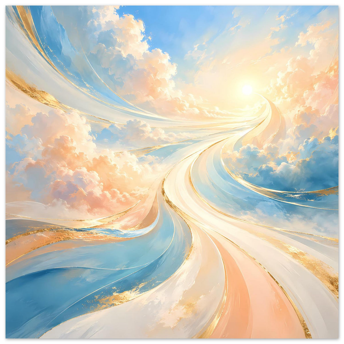 Fantasie-Poster mit langen Lichtkegeln und Wolken, Blau- und Pastelltöne