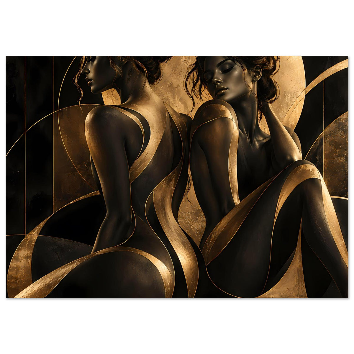 Kunstposter mit zwei Frauensilhouetten in Schwarz und Gold, abstrakte Linien und Formen