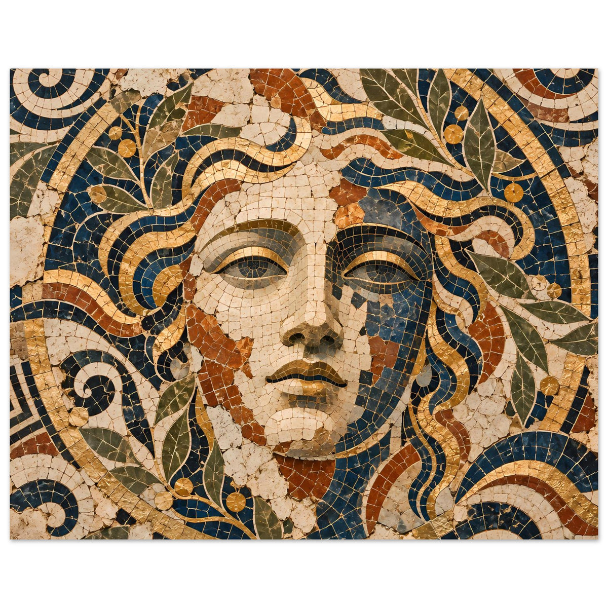 Poster mit Mosaik-Göttin, zentriertes Gesicht aus Stein in Blau, Oliv und Terracotta