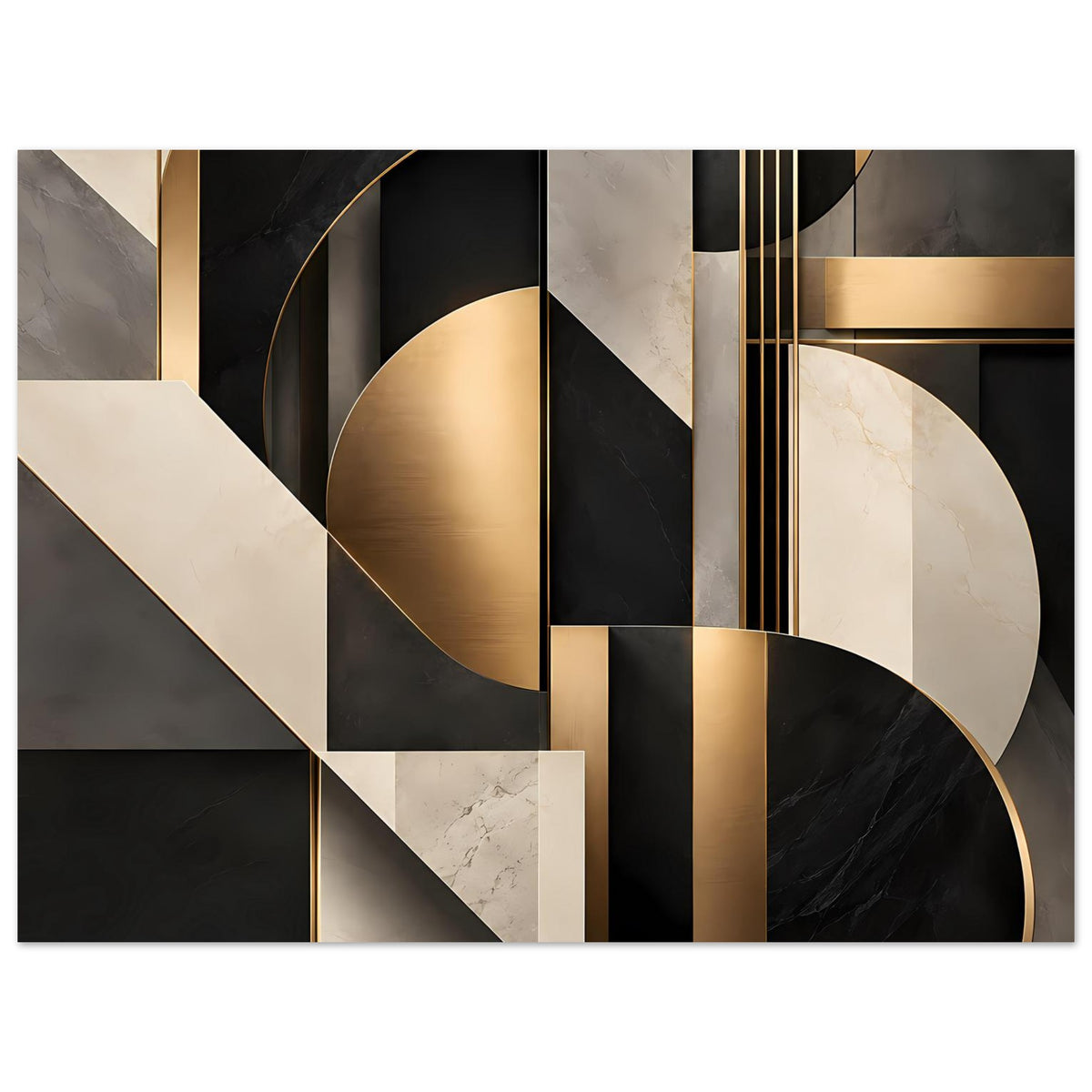 Geometrisches Kunstposter mit goldschimmernden Kurven, schwarzen Segmenten und Marmorstreifen