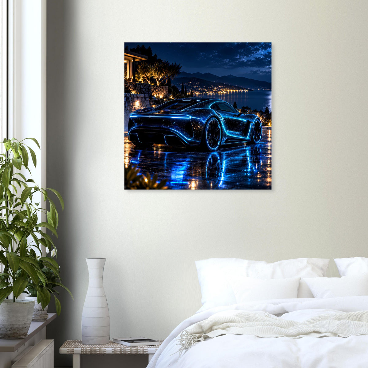 Poster mit blau leuchtendem Sportwagen am Wasser bei Nacht, Lichter und Spiegelungen