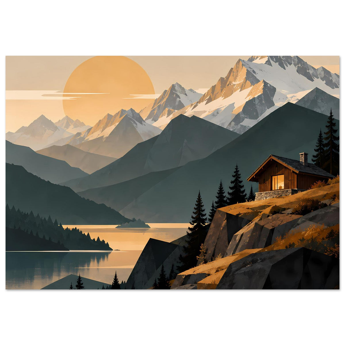 Poster im Landschaftsformat: dunkle Berge, Seeufer mit Tannen und Holzhaus auf Hügel