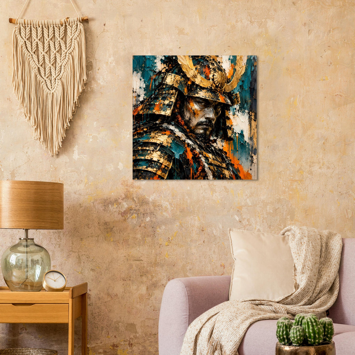 Quadratisches Poster mit Samurai-Kriegergesicht, goldene Rüstung, türkis-orange Sprühflecken