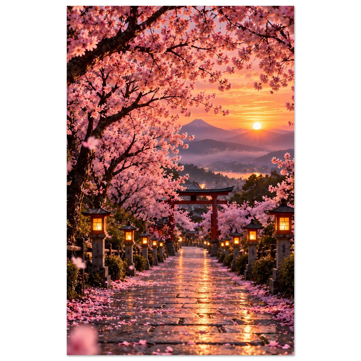 Sakura-Poster mit Torii, Kirschblütenrahmen links und rechts, goldener Sonnenuntergang