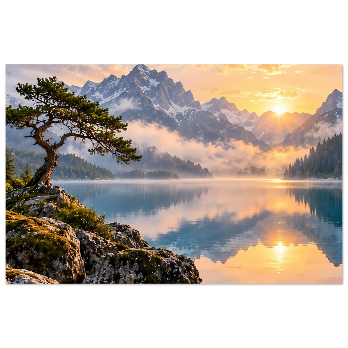 Horizontales Poster mit Bergsee bei Sonnenaufgang, Spiegelung und Baum auf Felsen
