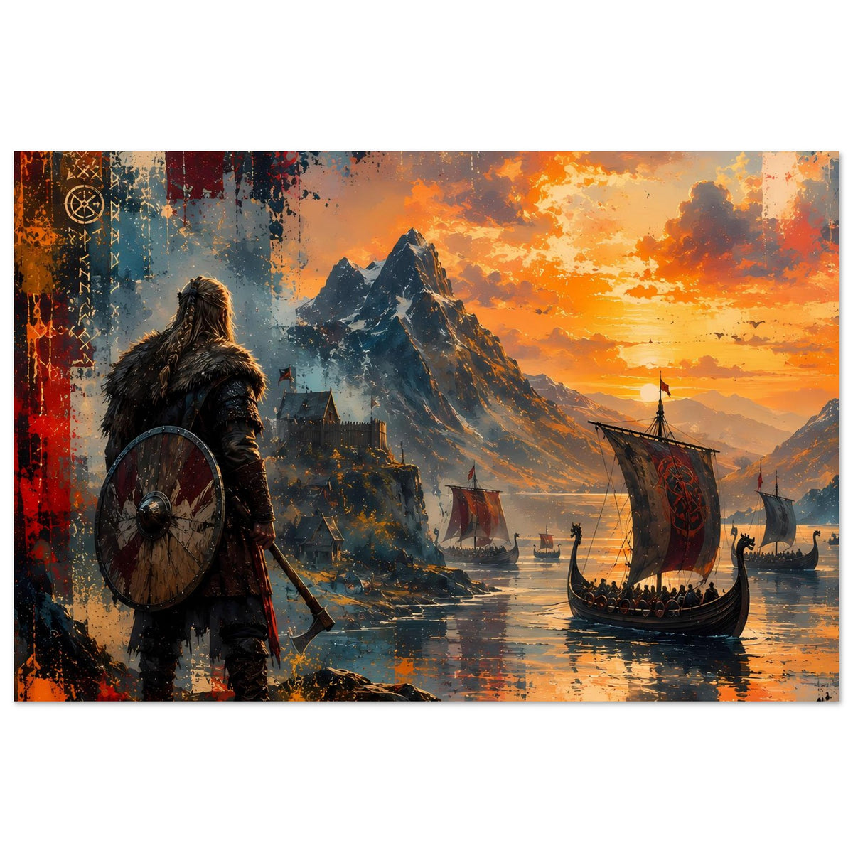 Nordisches Poster: Wikingerkrieger links mit Rundschild, Langschiff rechts, Berge im Hintergrund