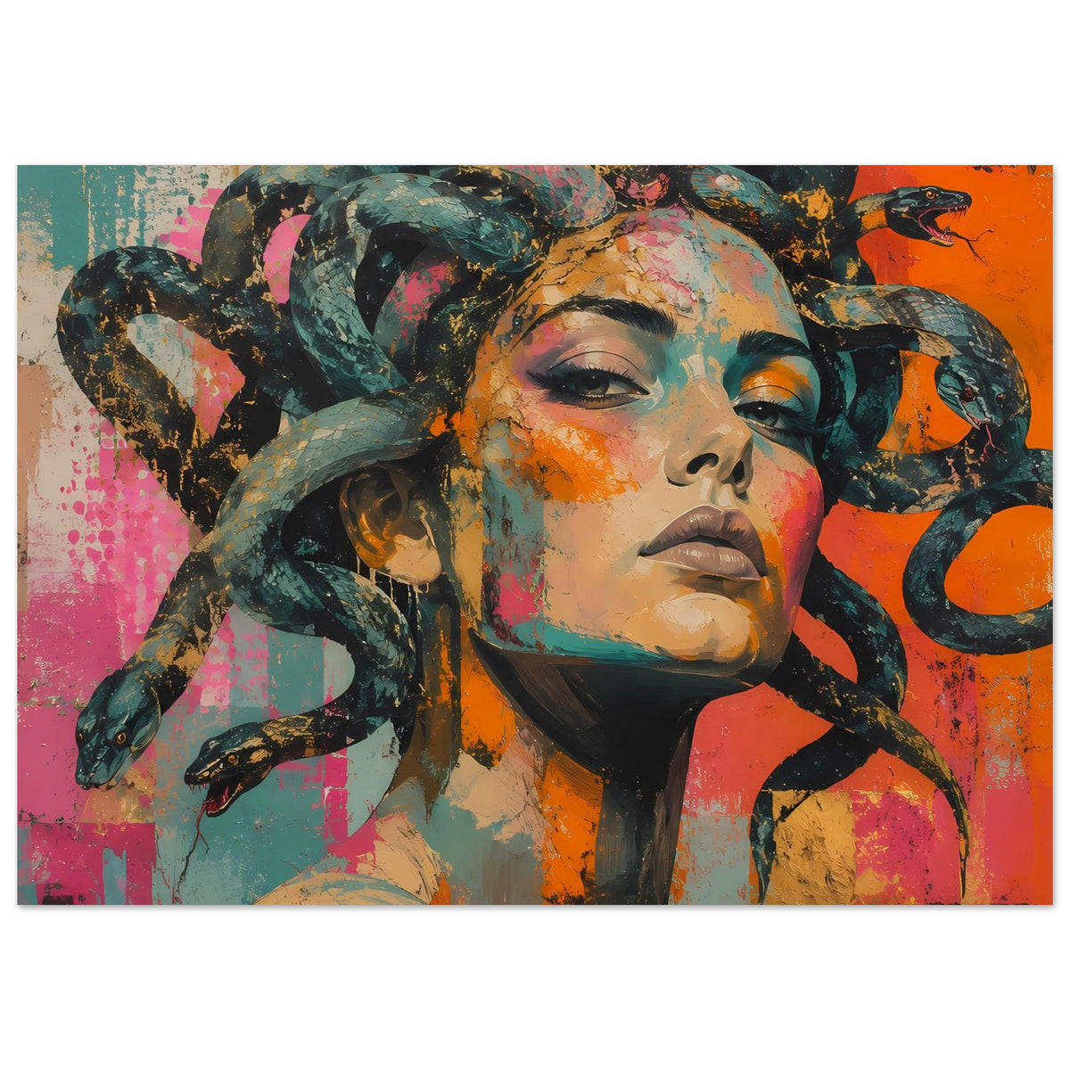 Buntes Kunstposter: Medusa-Porträt mit Schlangenhaar und kräftigen Orange- und Pinktönen