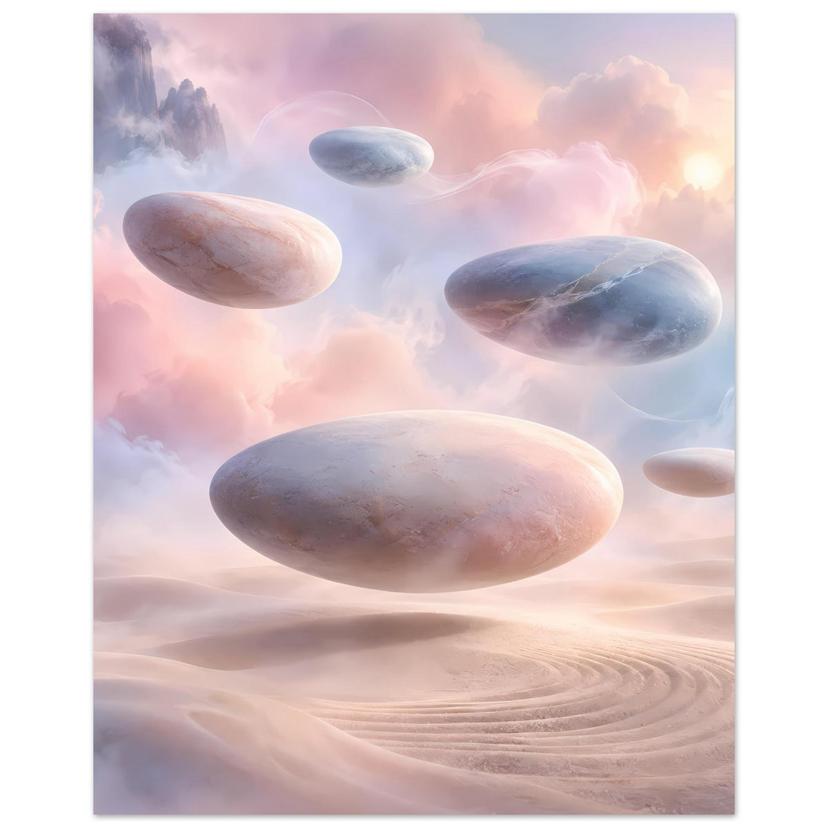 Surreales Pastellposter im Hochformat mit schwebenden Steinen über rosa Dünen und Wolken, Bergsilhouette links