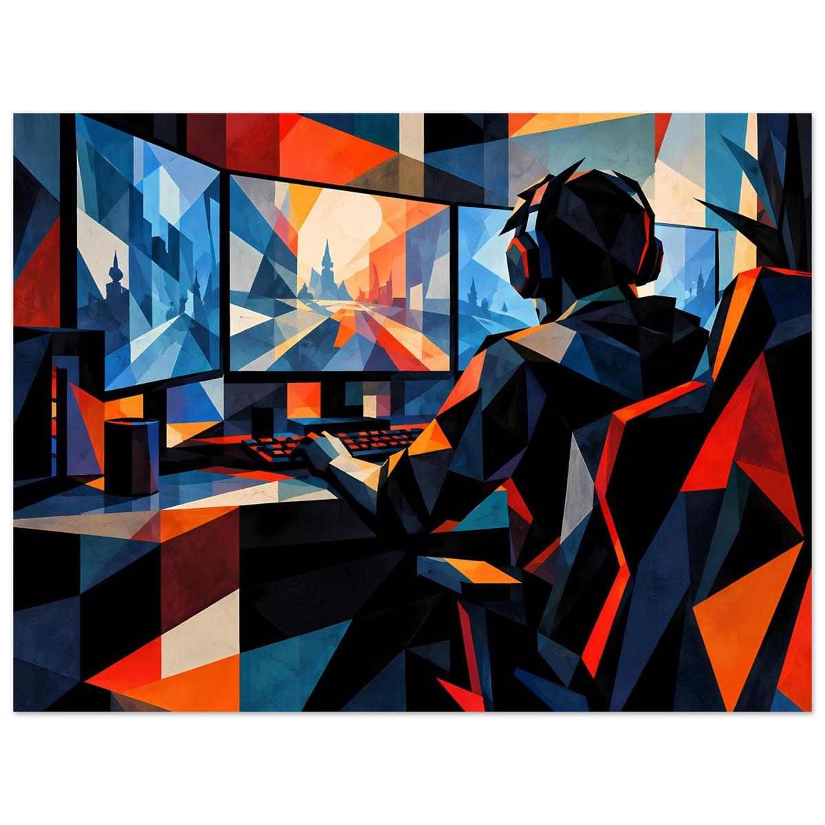 Gaming-Poster: Figur mit Kopfhörern am Controller, geometrische Blöcke in Blau und Orange.