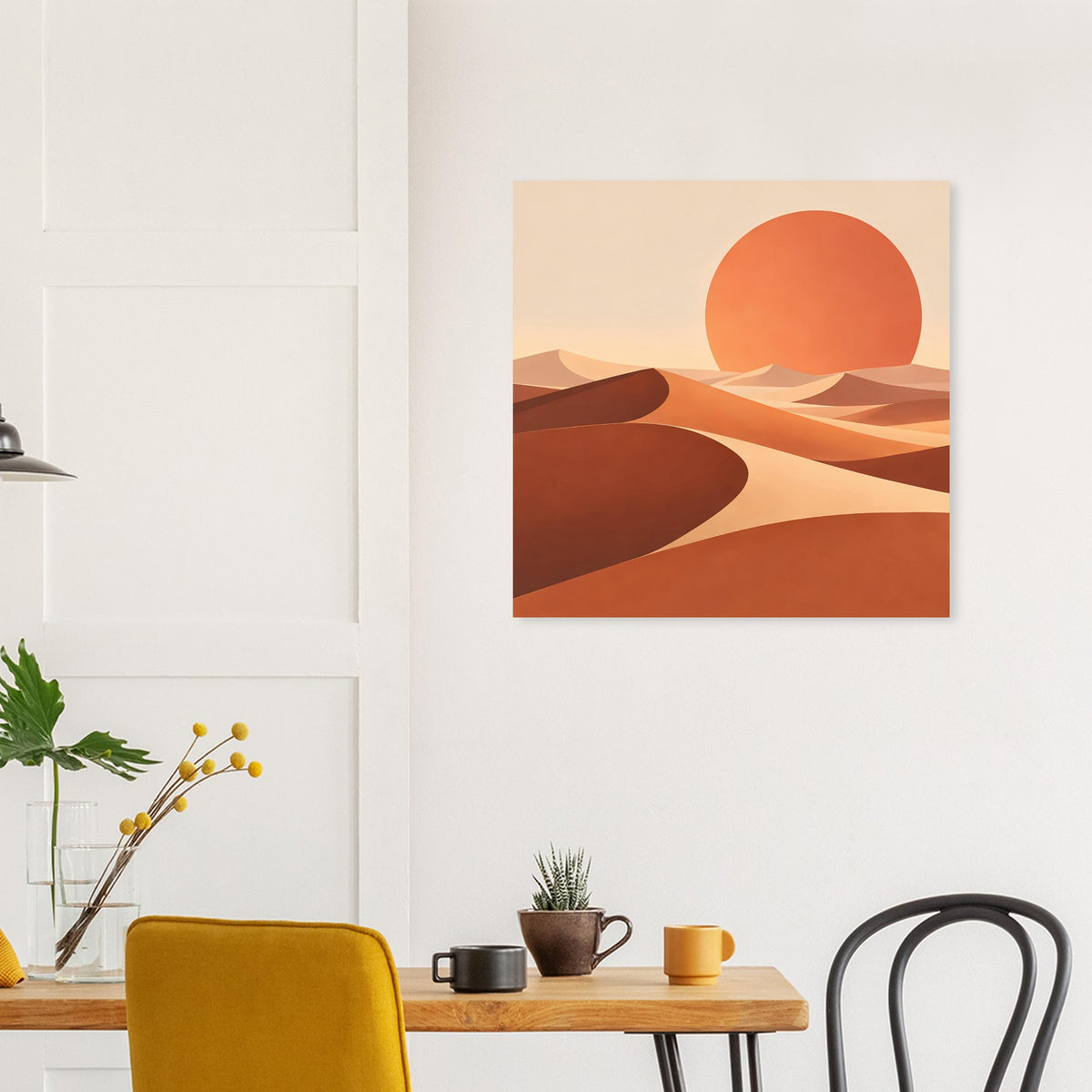 Gerahmtes Quadratposter mit abstrakter Wüstenlandschaft: orange Sonne, helle Dünen