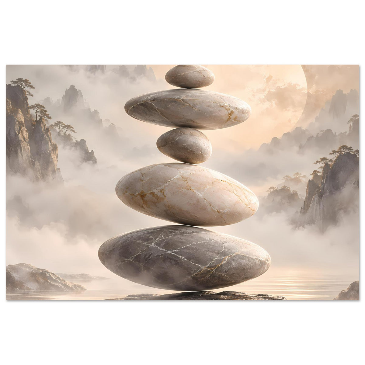 Zen-Steine in Balance vor nebligem Hintergrund in sanften Beige- und Grautönen – Posteransicht 24