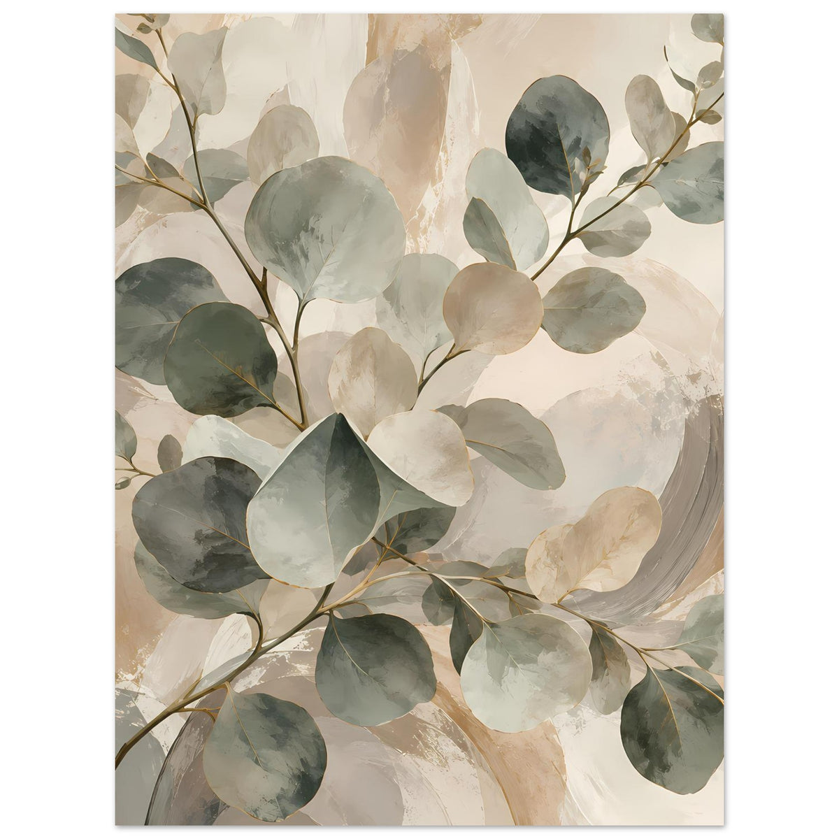Botanisches Poster im Hochformat mit Aquarellblättern in Salbeigrün und Beige