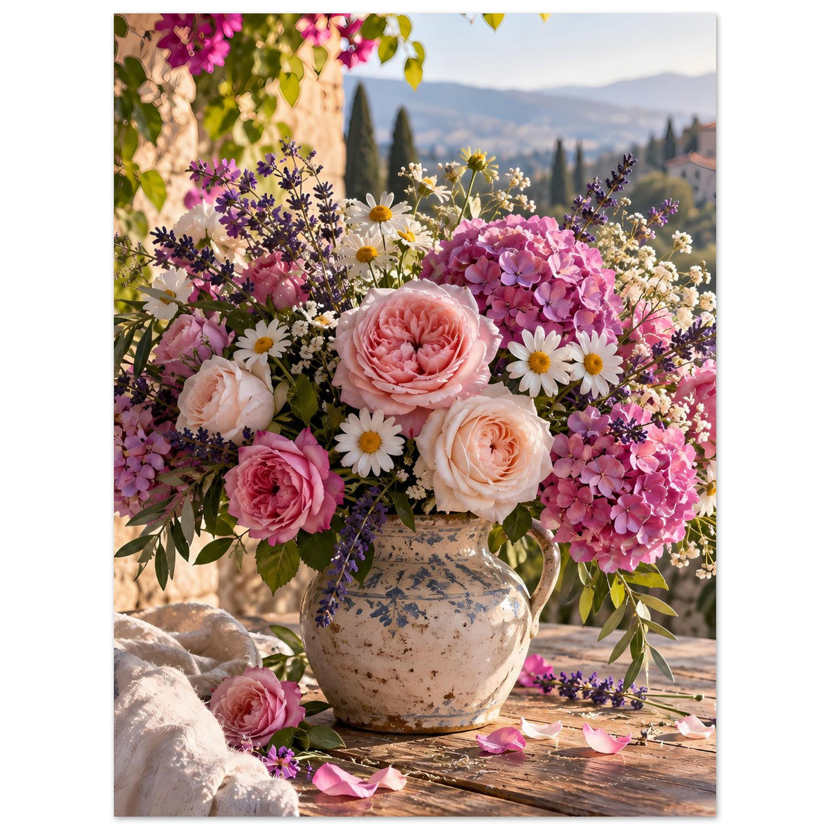 Blumenposter: bunter Bouquetmix mit rosa, violetten und weißen Blüten in einer Vase