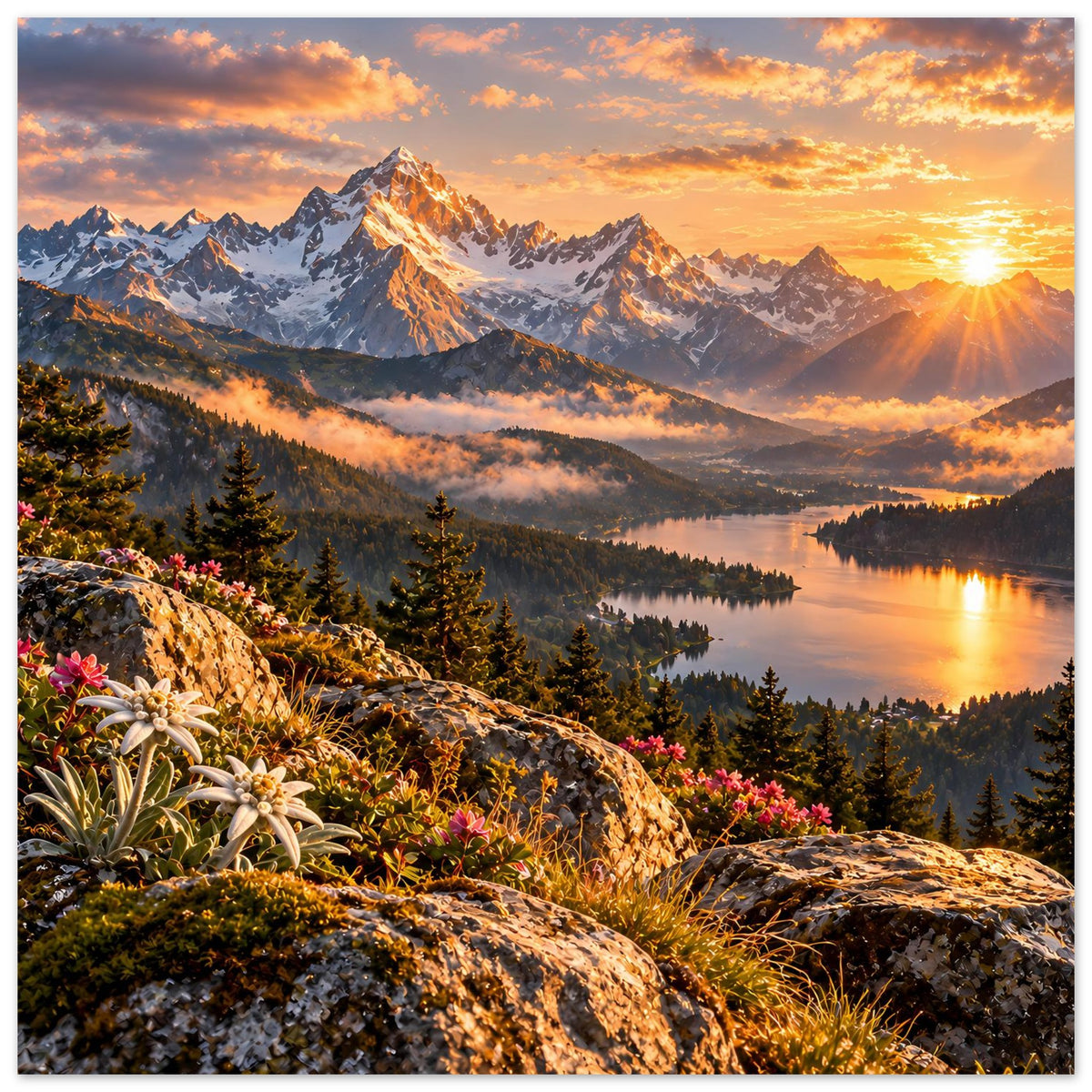 Landschaftsposter mit Blick auf Berge, See und goldene Sonnenstrahlen; Blumen am Felsen.