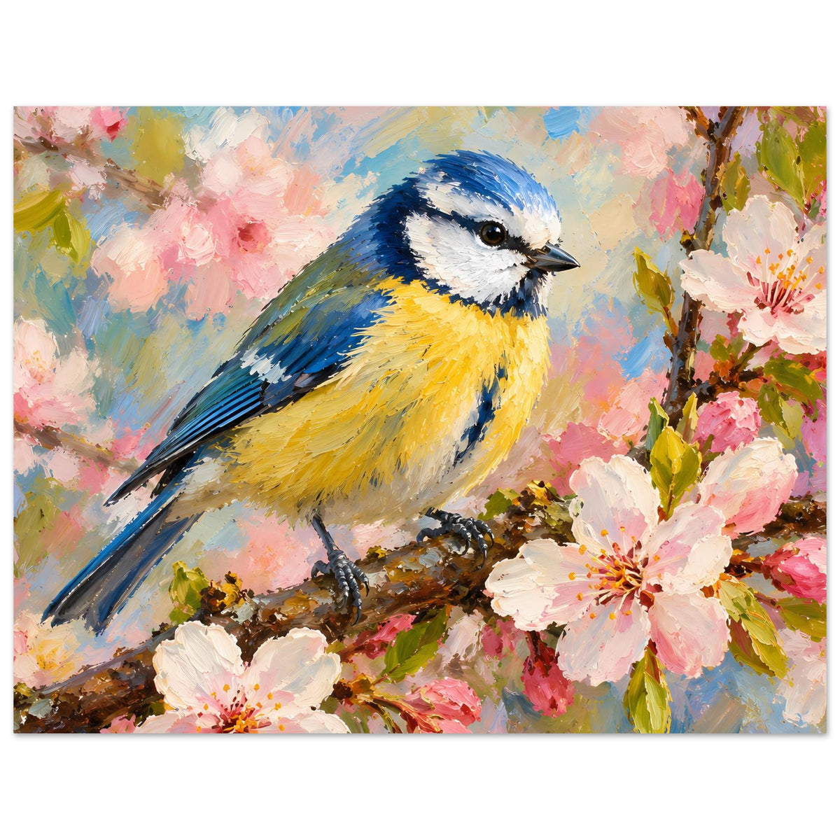 Vogelposter im Querformat: blauer, gelber Vogel auf Ast zwischen pinken Blüten