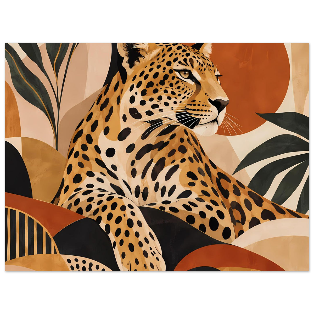 Leopard-Tierposter im Querformat mit sitzendem Leopard und geometrischen Erdtönen