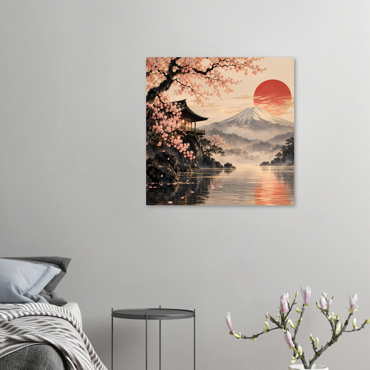 Kleines Poster: Kirschblüten, Tempel, Berg Fuji und rote Sonne über reflektierendem Wasser