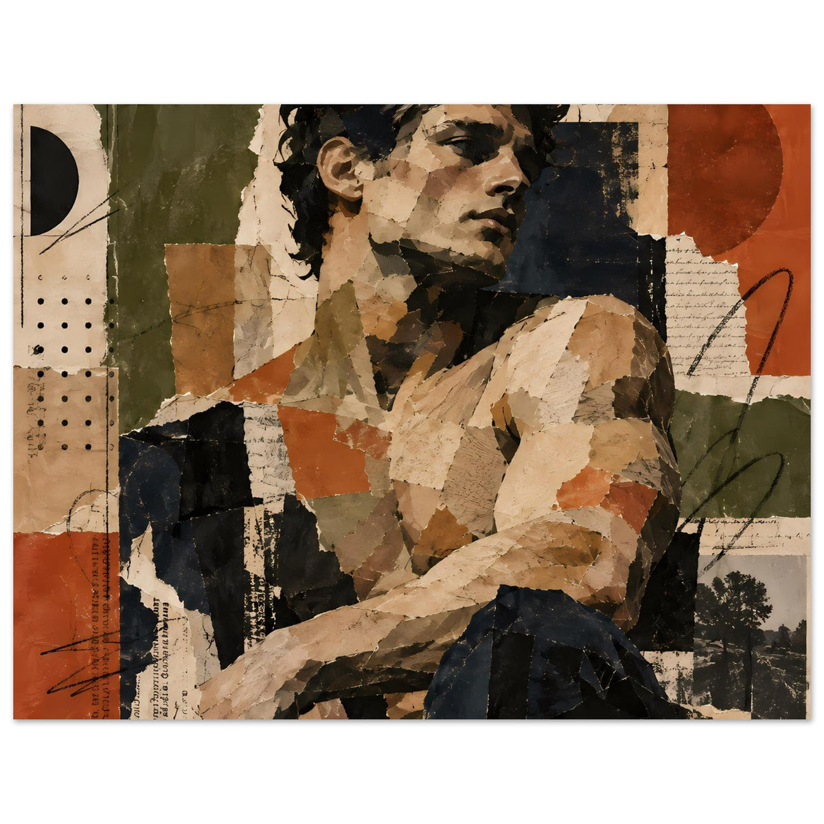 Wandposter mit abstraktem Porträt aus Collageflächen, warmes Braun, Grün und Schwarz