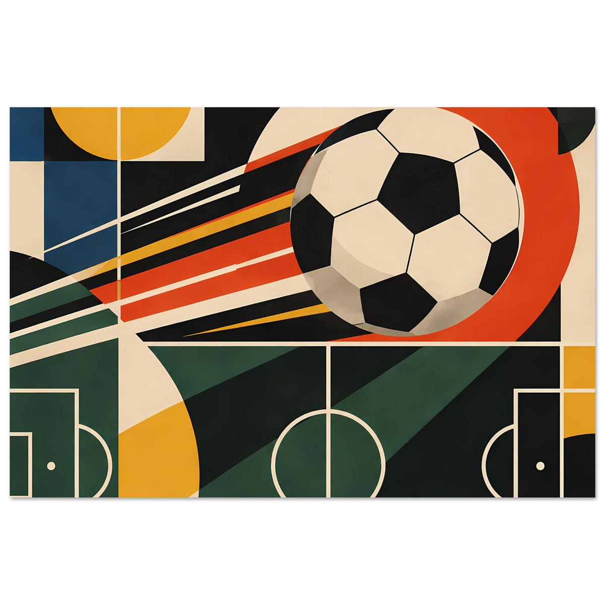 Geometrisches Fußballkunst-Poster mit großem Ball und Spielfeldgrafik, bunte geometrische Elemente