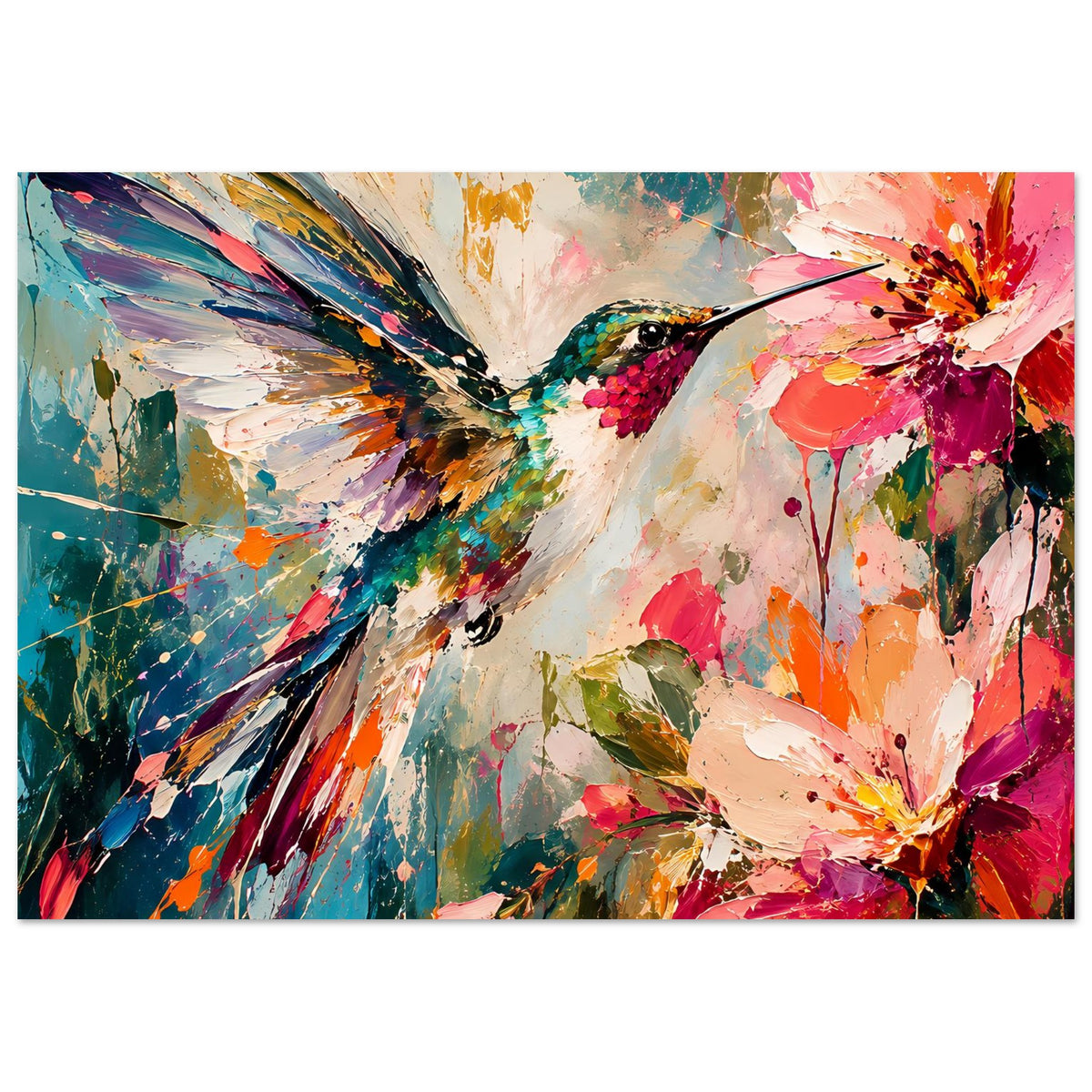 Kunstdruck-Poster im Querformat: Kolibri zwischen Blüten, bunte Farbschlieren