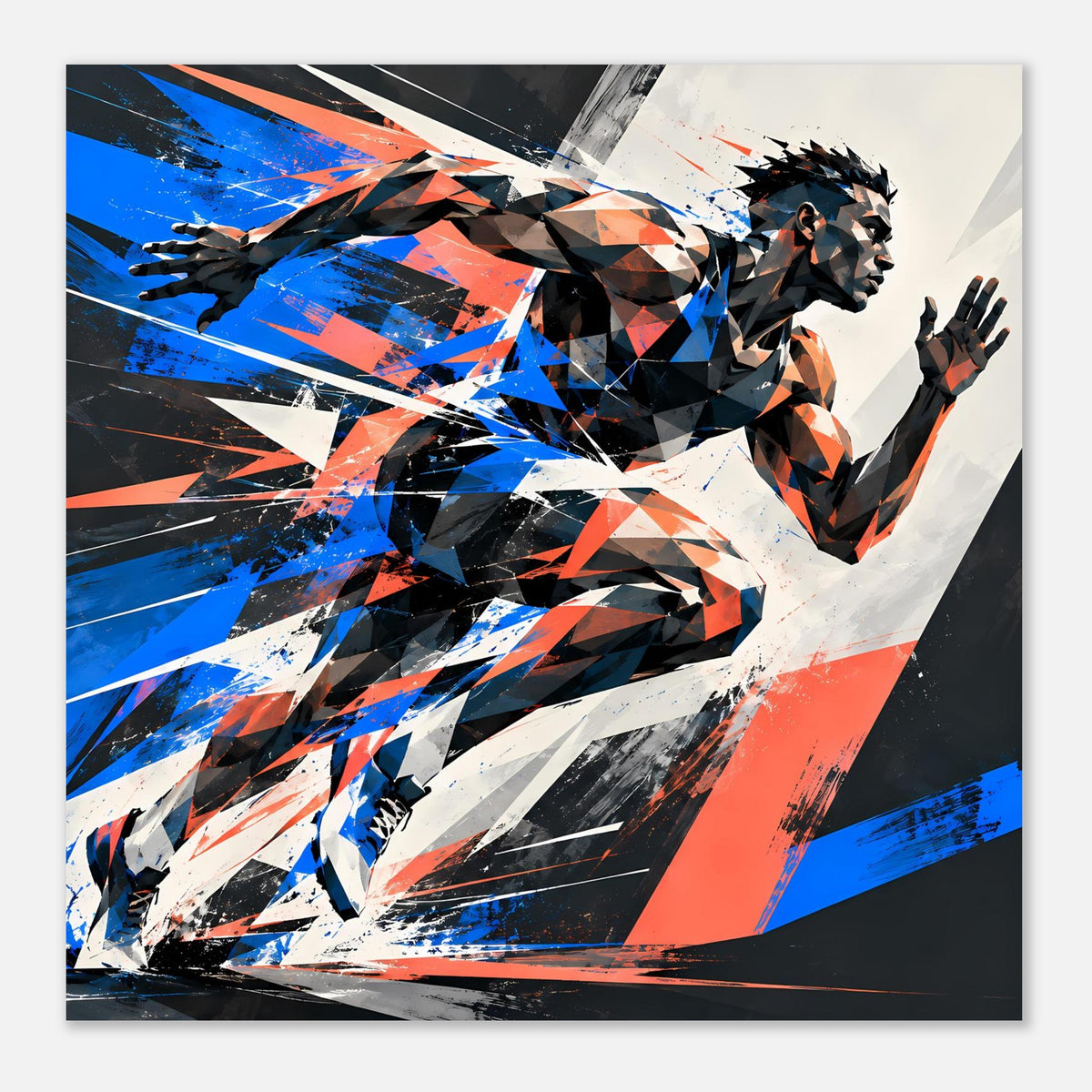 Dynamisches Poster mit abstraktem Sportler in Blau, Orange und Weiß, kantige Pinselstriche