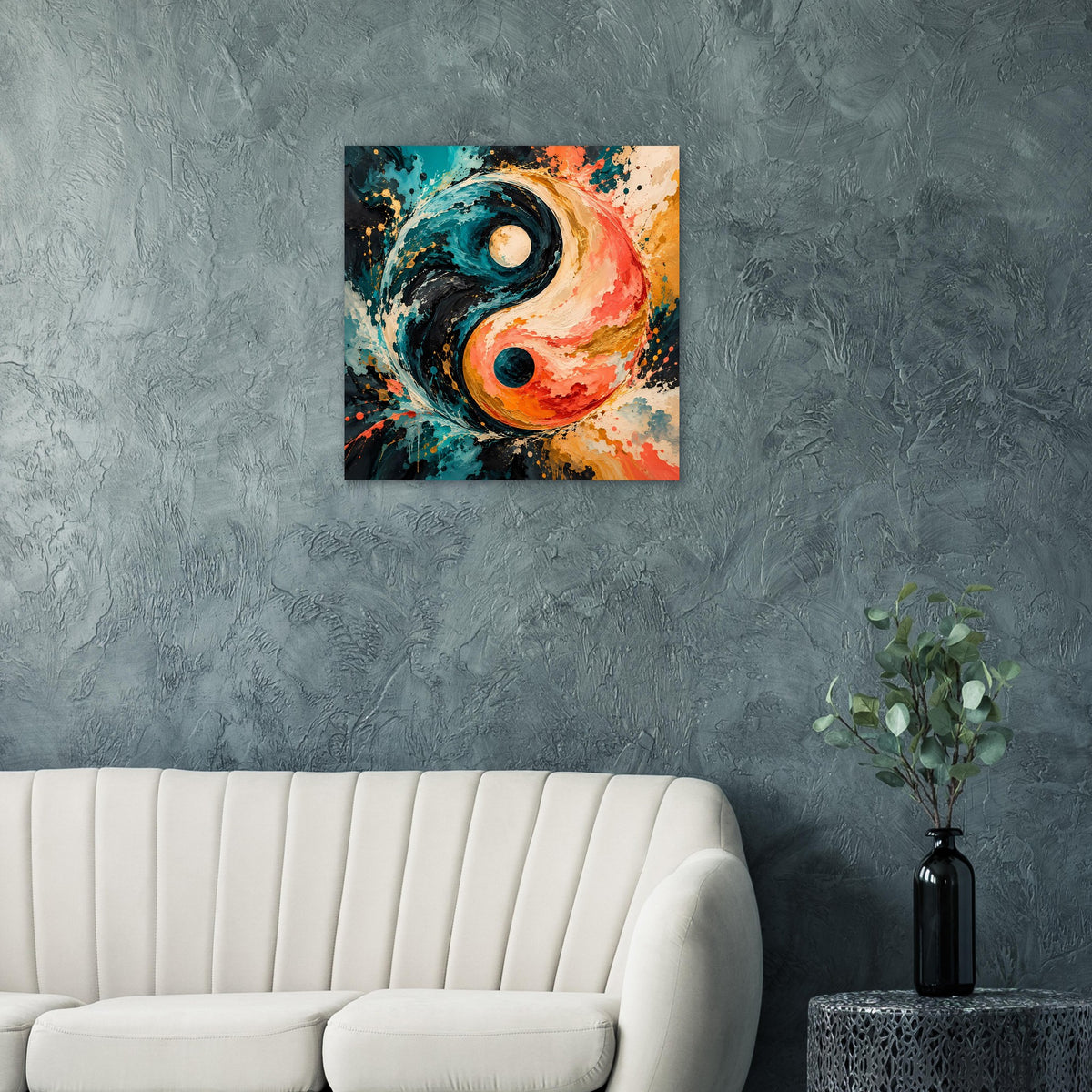 Quadratisches abstraktes Yin‑Yang‑Poster mit türkis-schwarzem und orangefarbenem Wirbel