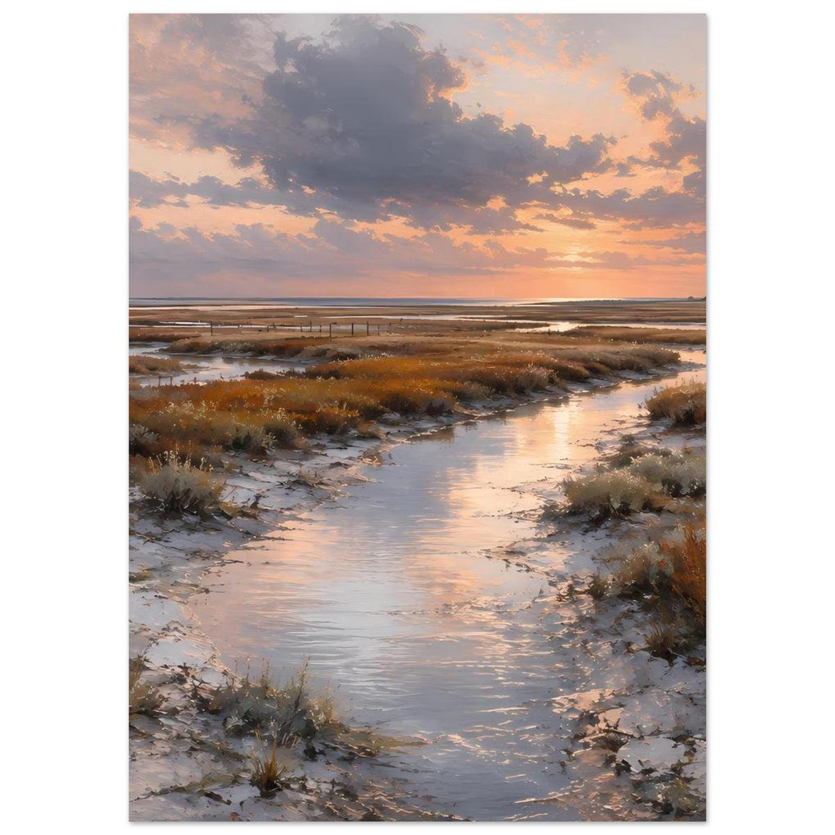 Wandposter Hochformat: Sonnenuntergang an der Küste mit Leuchtturm, Dünen und Wasserlauf