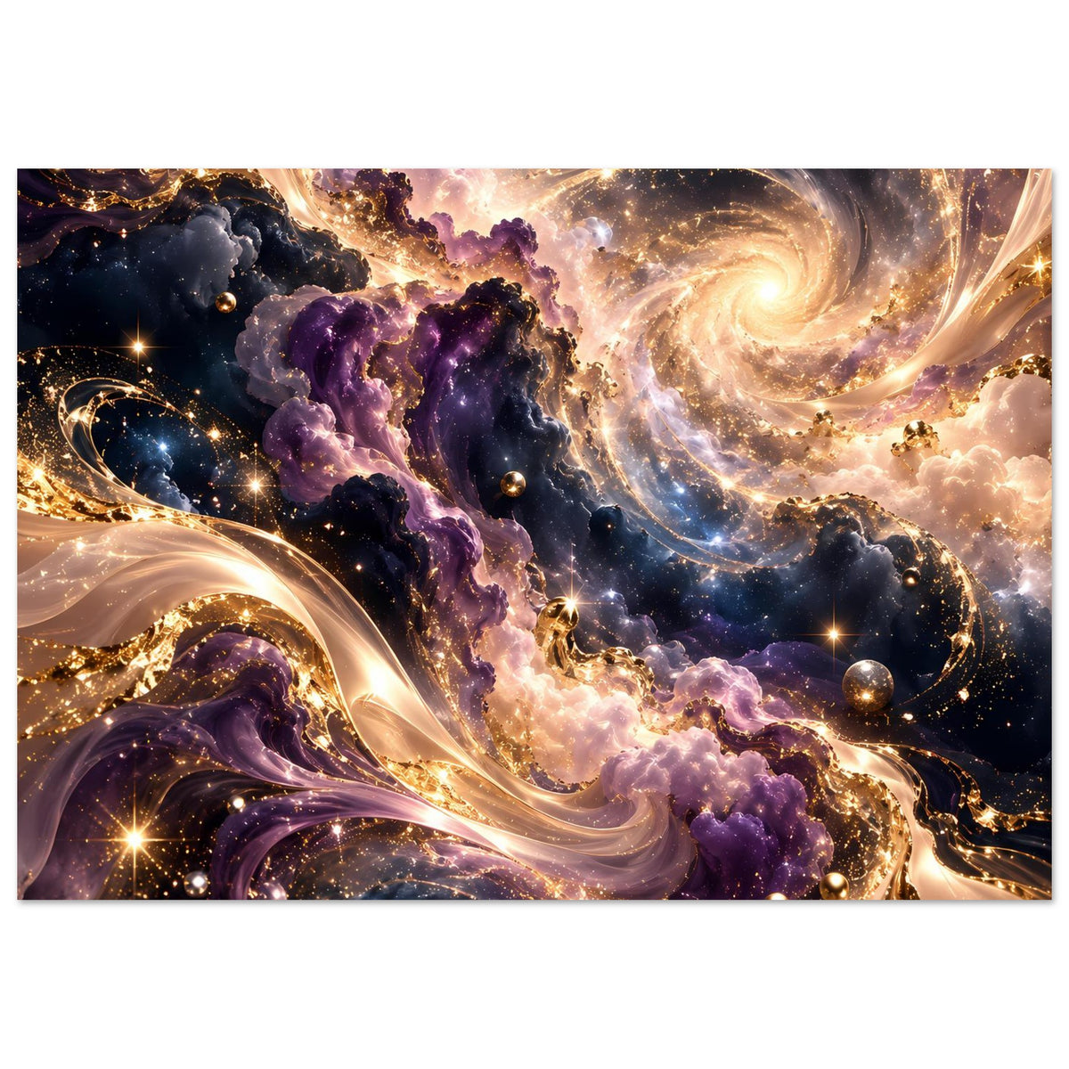 Kosmischer Kunstdruck im Querformat mit goldenen Bögen, violetten Nebelschlangen und Sternen