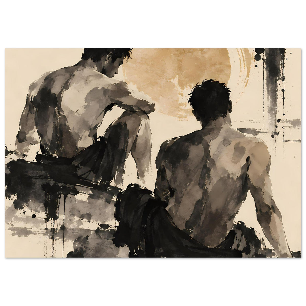 Kunstposter im Querformat mit zwei Männerfiguren von hinten, Sepia und schwarze Pinselstriche.