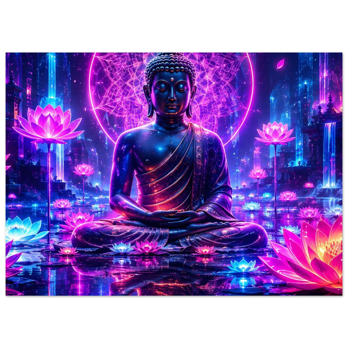 Buddha-Meditationsposter (quer): sitzender blauer Buddha, viele leuchtende Lotusblüten, Neon-Zeichenkreis