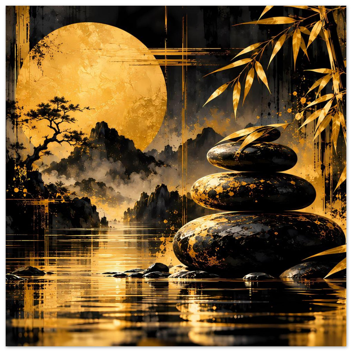 Zen-Poster mit dunklem Schwarz-Gold-Motiv: Bambus, Steinsäulen und Mond über Wasser