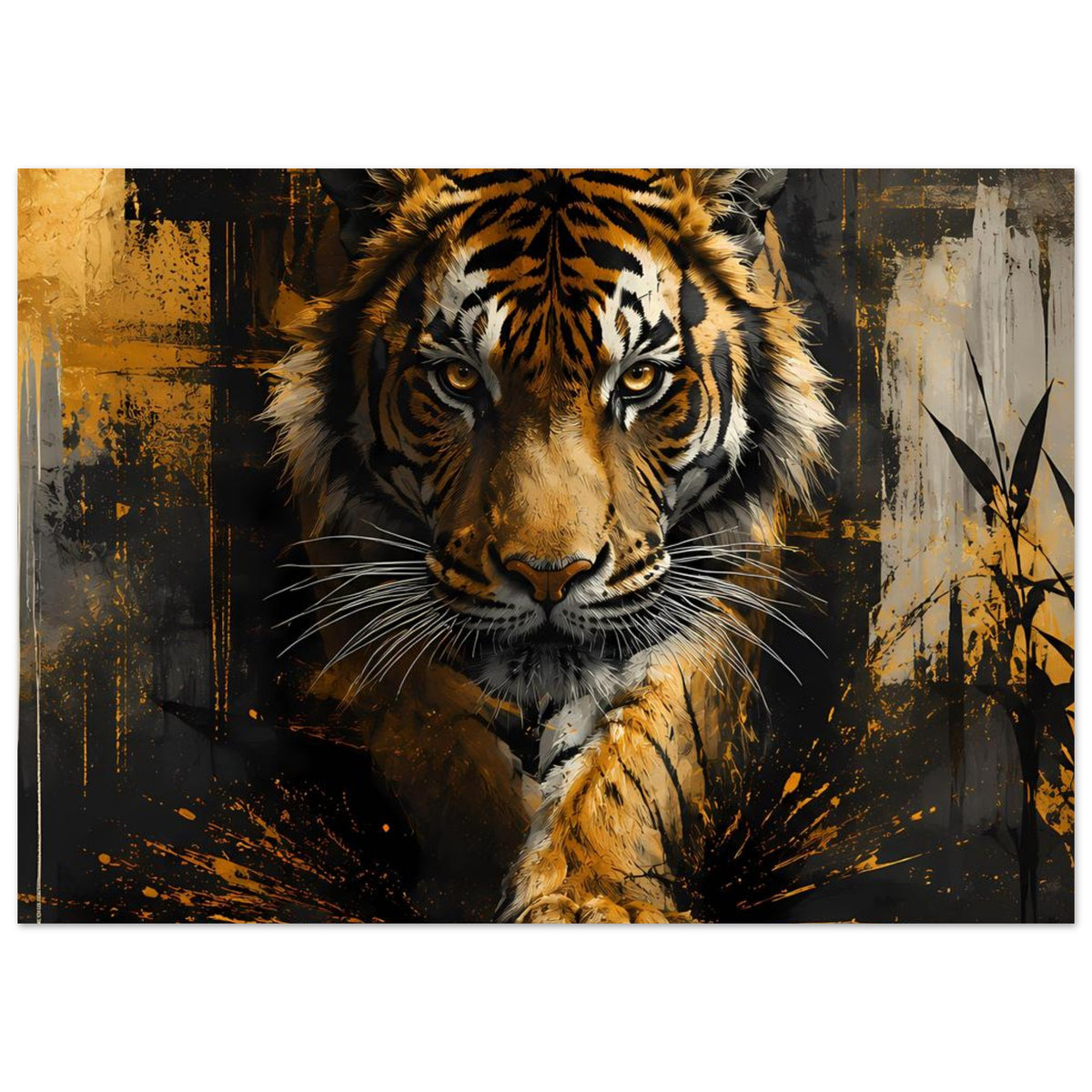 Tigerposter im Querformat: liegender Tiger, goldbraunes Fell, schwarze Muster und Krallen