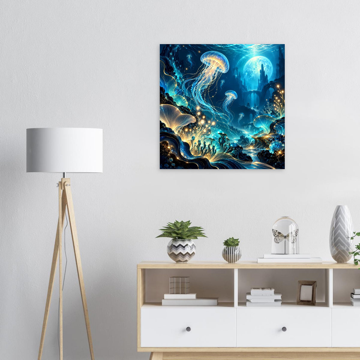 Unterwasserwelt-Poster mit großen Quallen, blauer Tiefsee und goldenen Lichtfäden