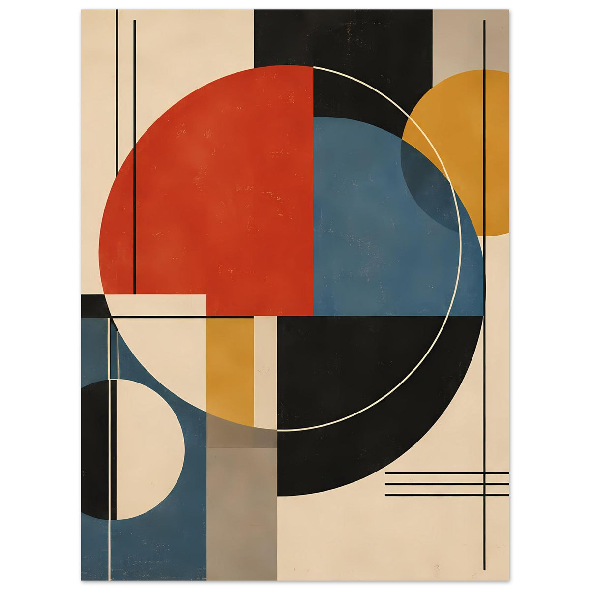 Geometrisches Poster mit großen Rundformen, Rechteckfeldern und Kreislinie in Rot, Blau, Gelb, Schwarz.