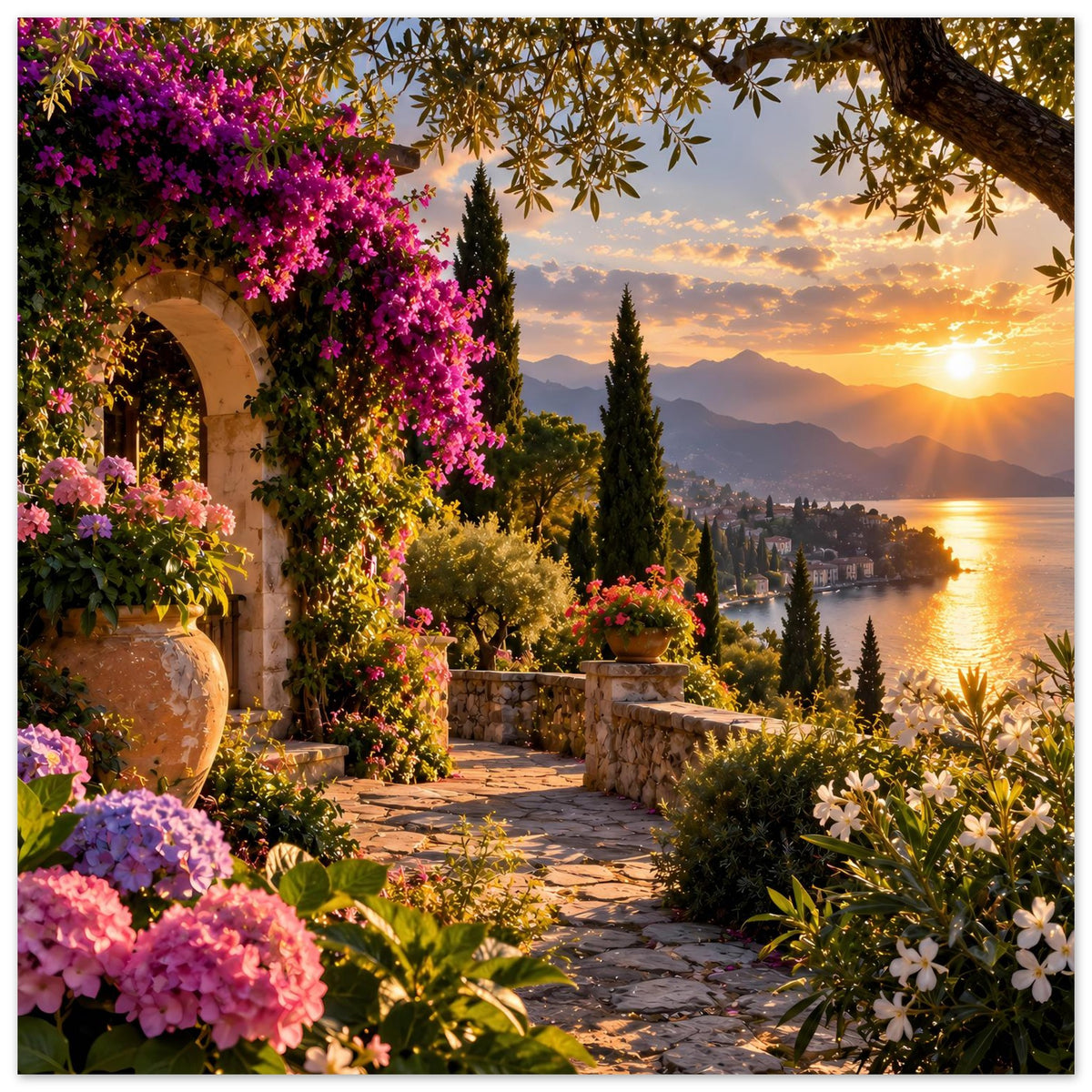 Poster im Querformat: mediterraner Garten mit Violettblüten, Abendsonne am See