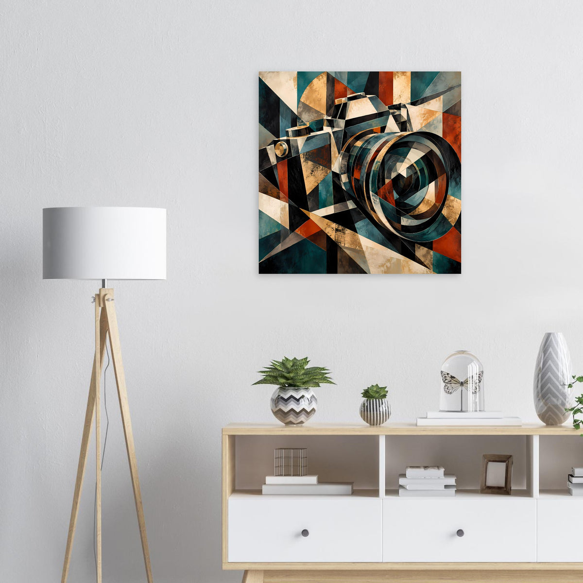 Quadratisches Retro-Kamera-Poster mit geometrischem Muster in Petrol, Rostorange und Gold