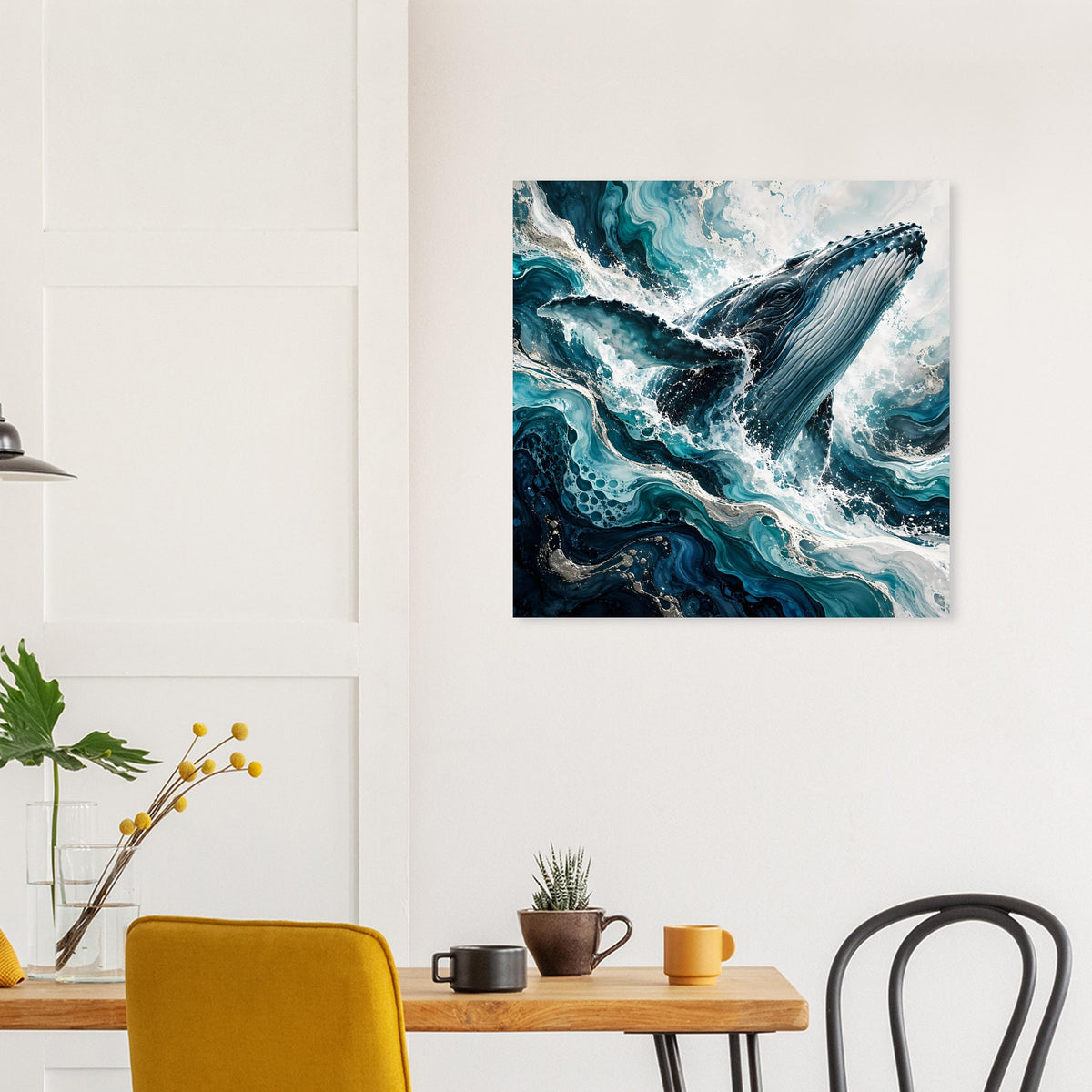 Quadratisches Wandbild mit Wal: dynamische Wellenmuster in Blau, Türkis und Weiß, gerahmt.