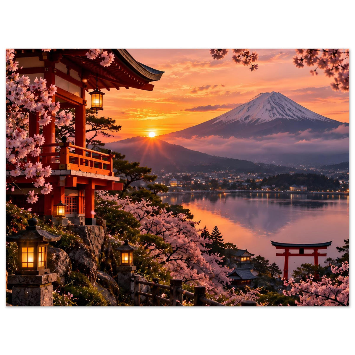 Premium-Poster in Querformat: Fuji über dem See, Kirschblüten und rotes Torii rechts