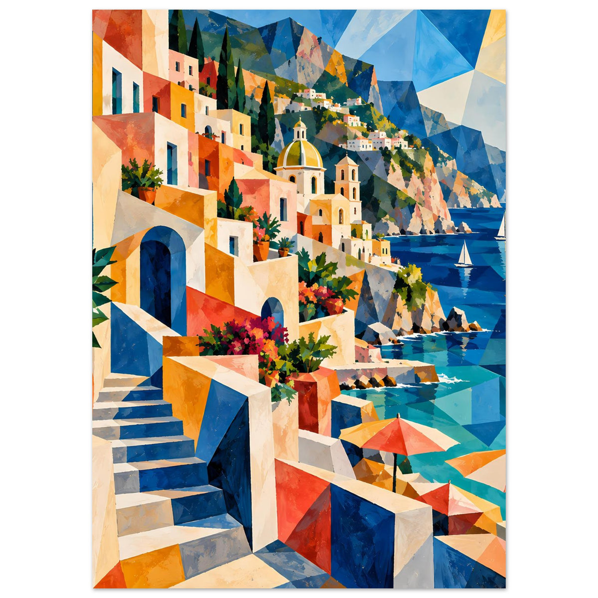 Mediterranes Poster im Hochformat: Stufen, Häuser, Kirche und Segelboote am Ufer
