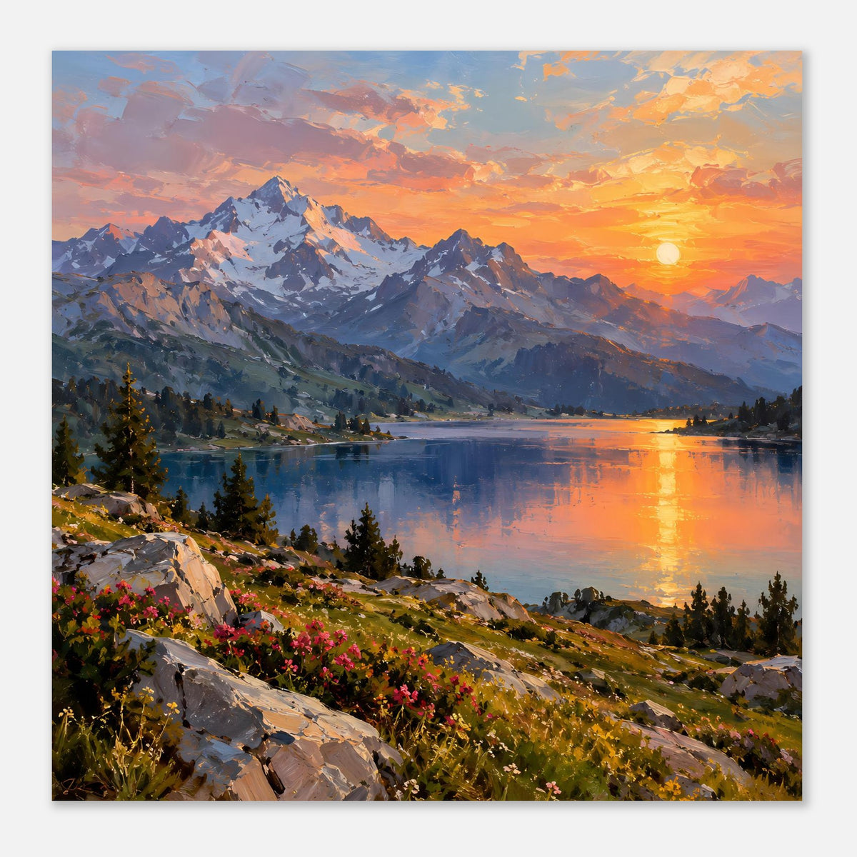 Wandposter im Querformat: Bergsee bei Sonnenuntergang, orangefarbener Himmel und Sonnenreflex