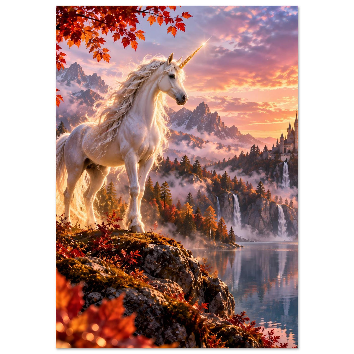Einhorn-Fantasyposter: weißes Einhorn auf Felsen vor Herbstwald und Schloss bei goldenem Himmel