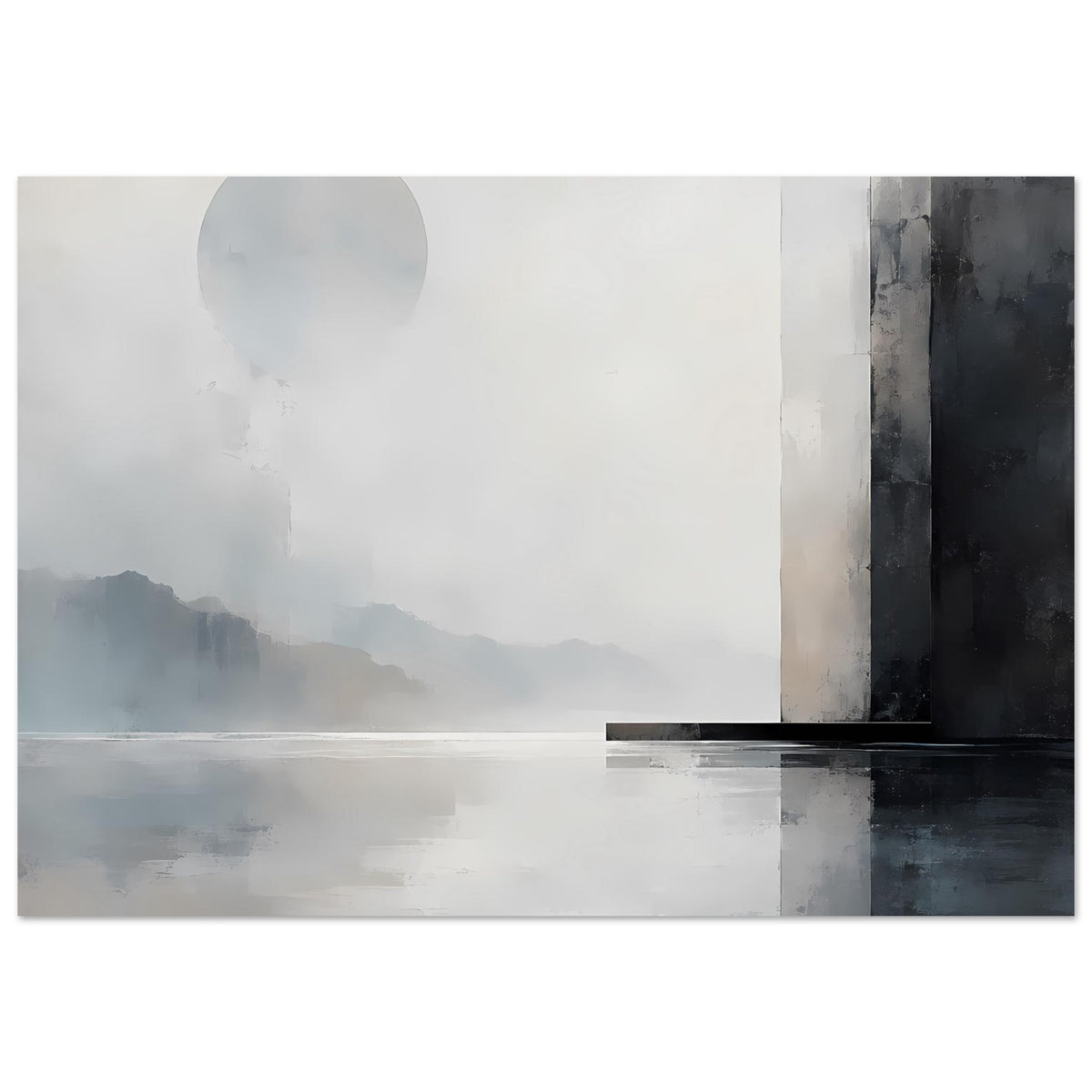 Kunstdruck im Querformat: abstrakte Landschaft in Blau-Grau, Sonnenscheibe links, dunkler Balken rechts