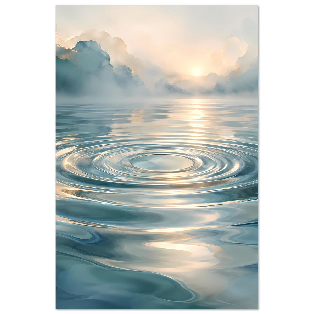 Poster im Hochformat mit Wasserwirbeln in Blau und goldener Lichtreflexion