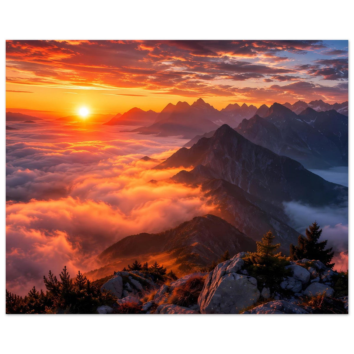 Gerahmtes Poster Berglandschaft im Sonnenuntergang, untergehende Sonne über schroffen Gipfeln