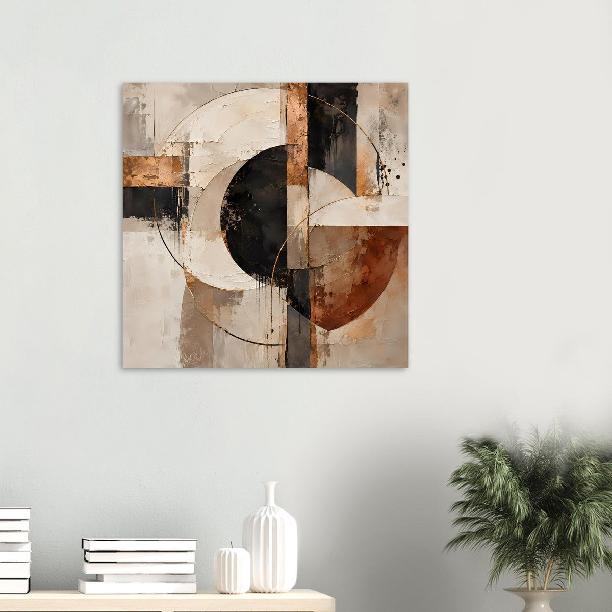 Abstraktes Kunstposter mit geschwungenen Bögen, schwarzen Flächen und beigen Rust-Tönen