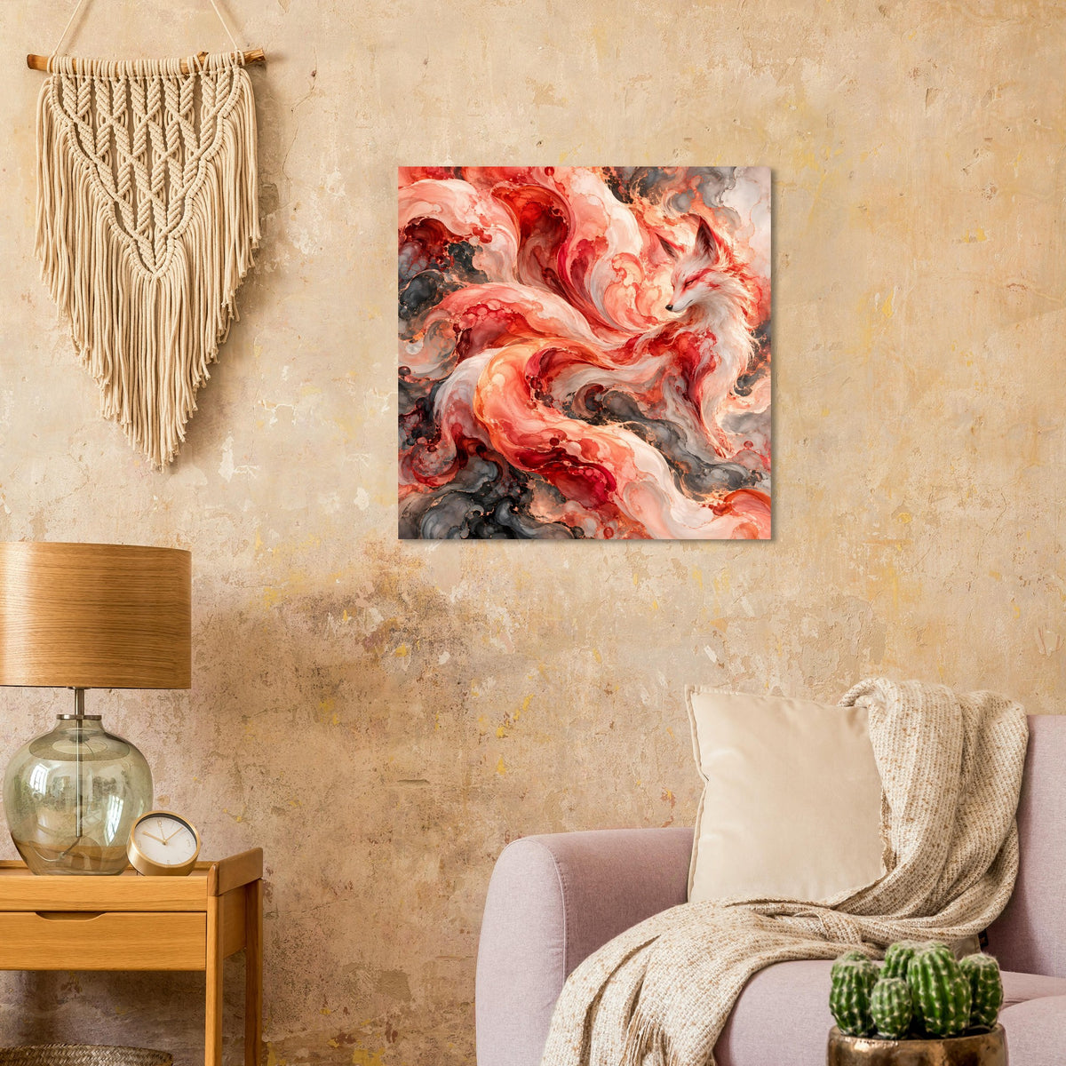 Quadratischer Kunstdruck mit abstrakten Fuchsflammen in Rot, Orange, Beige und Grau