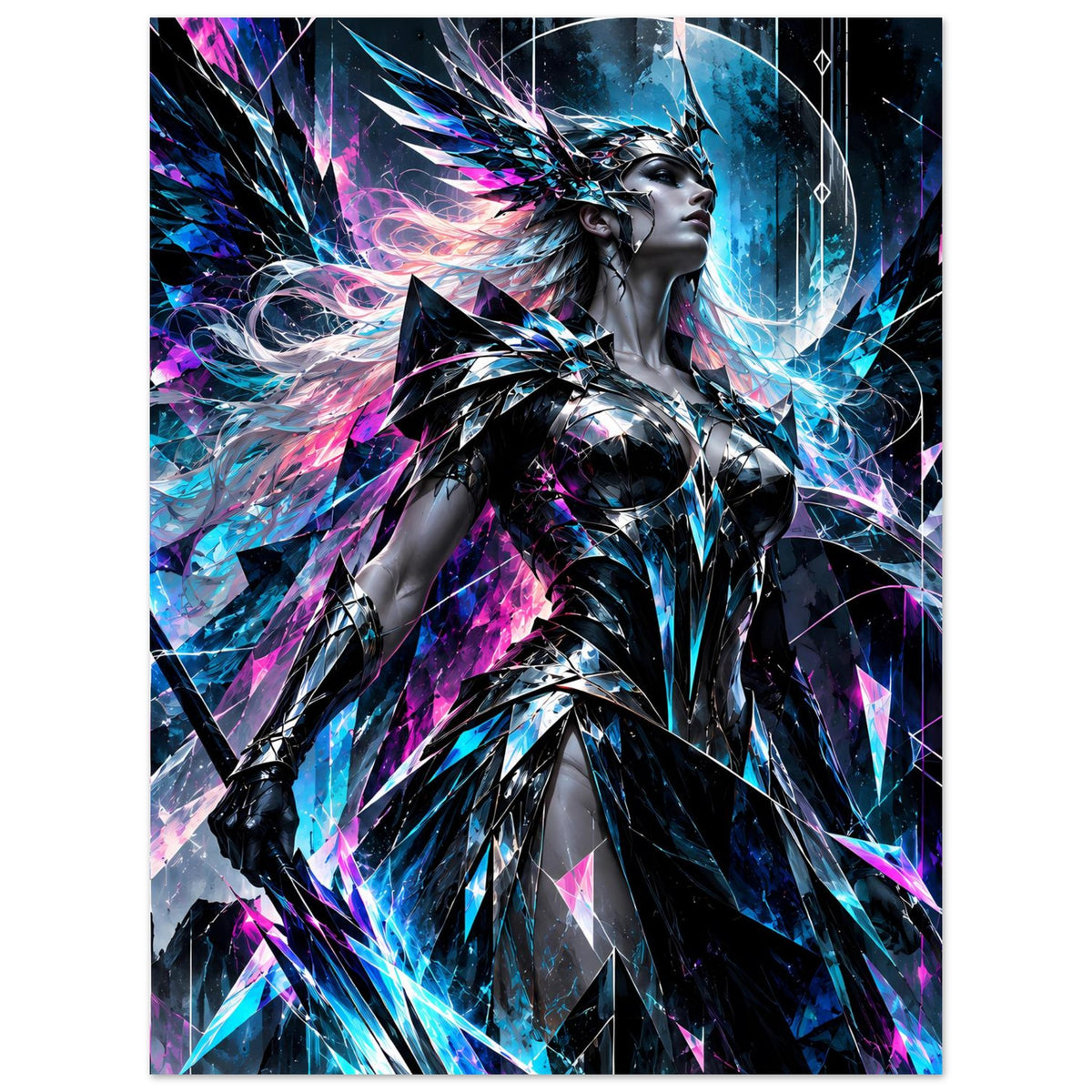 Poster mit Valkyrie in silberner Rüstung, Neonblau- und Pinkgrafik, Fokus auf Oberkörper