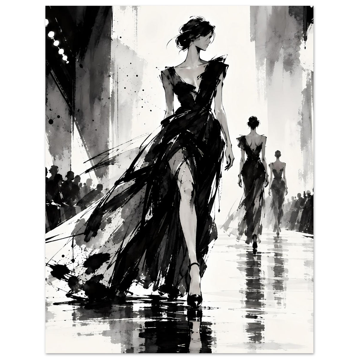 Mode-Illustrationsposter: Frau im dramatischen schwarzen Kleid mit Schleppe, mehrere Modelle auf dem Laufsteg