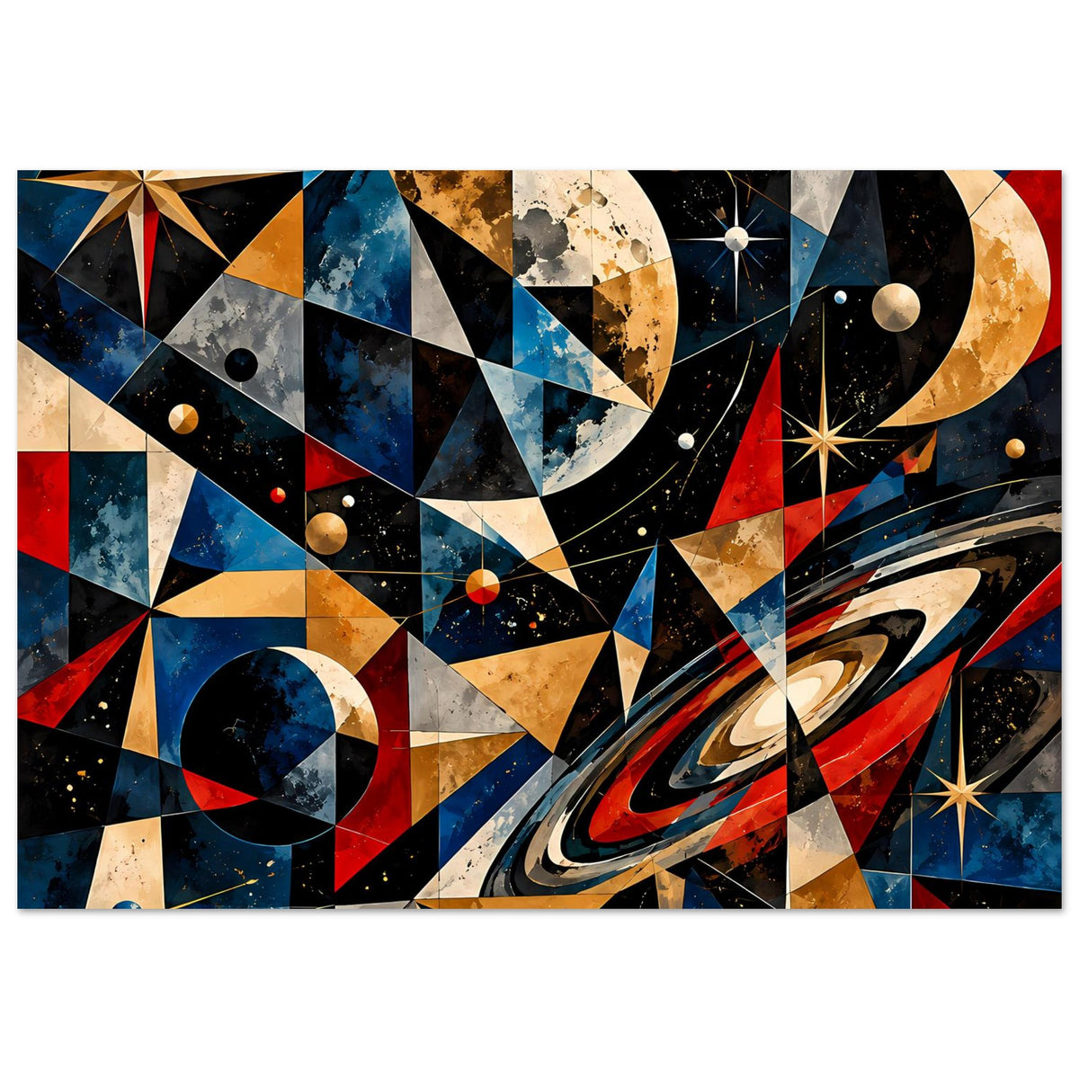 Weltraum-Poster mit kosmischem Muster aus Dreiecken, Monden und Sternen in Blau, Rot und Gold