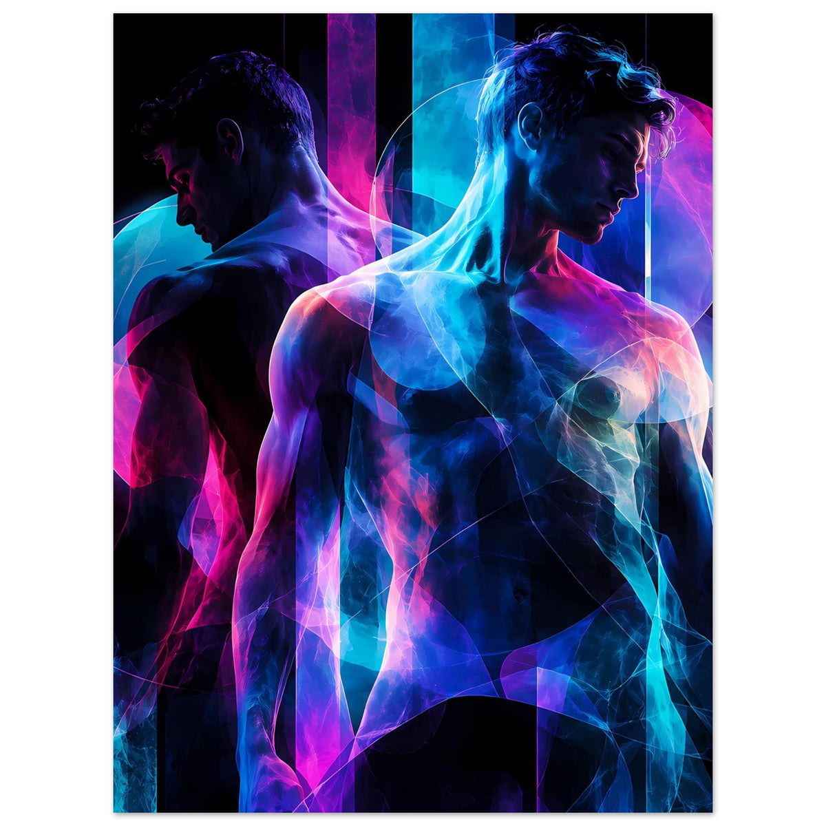 Leuchtendes Kunstposter mit zwei Profil-Silhouetten, Neonabstraktion in Blau und Pink